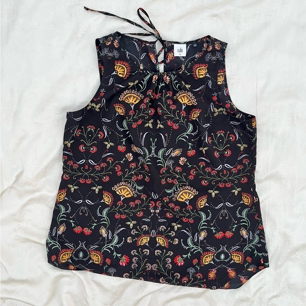 CAbi Black Sleeveless Top with Colorful Floral Accents